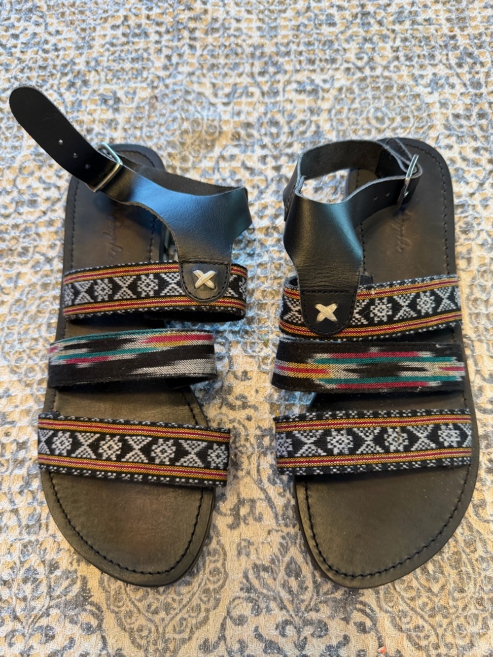 Free People Black Leather Sandals with Woven Multicolor Straps
